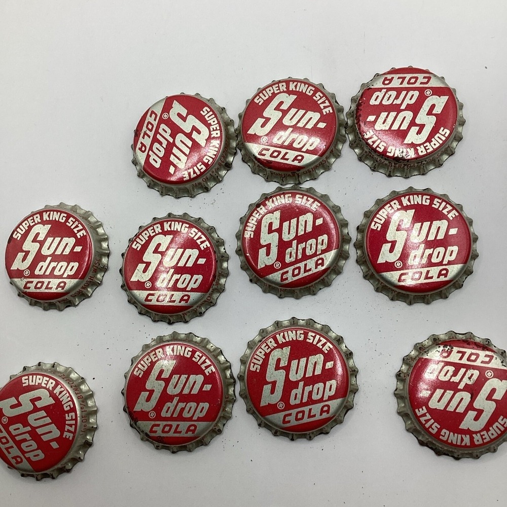 11 Vintage Sun-Drop Cola Bottle Caps Super King Size Cork Lined Oshkosh WI Soda